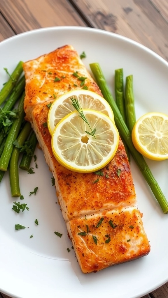 Air Fryer Frozen Salmon Recipe Air-fried salmon fillet garnished with lemon and herbs on a white plate with vegetables.